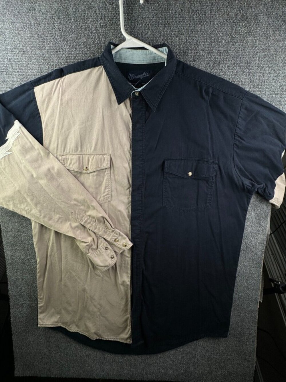 Wrangler Western Shirt XLT Tall Cotton Blue Beige Pearl Snap Midwestern Indian